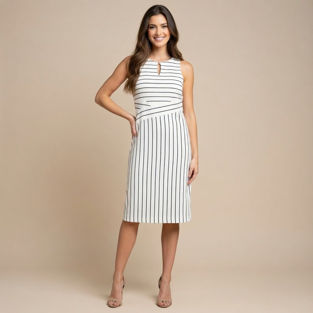 Ann Taylor Off-White Dress with Black Stripes